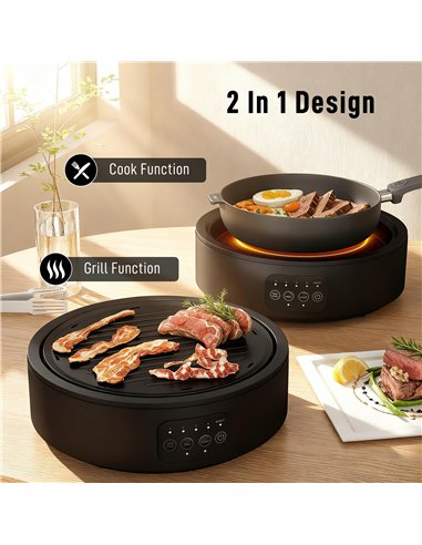 HOMCOM Electric Ceramic Hob with Grill Plate, Multifunctional 36cm Plug in Electric Hob with 4 Heat Levels for All Type Pot