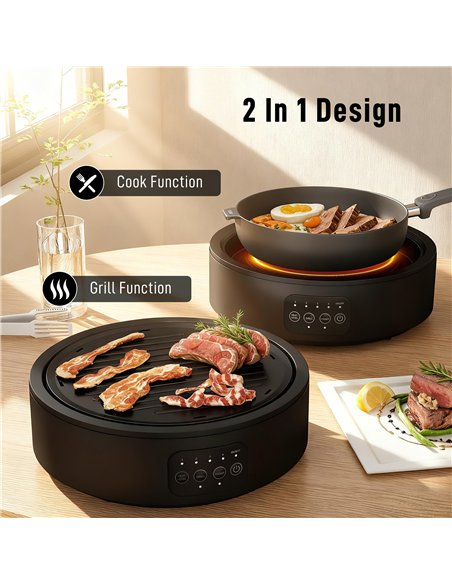 HOMCOM Electric Ceramic Hob with Grill Plate, Multifunctional 36cm Plug in Electric Hob with 4 Heat Levels for All Type Pot