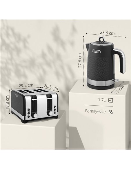 HOMCOM Sleek Textured Kettle and Four-Slice Toaster Set - Black