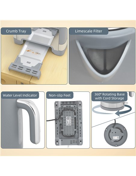 HOMCOM Sleek Textured Kettle and Toaster Set - Grey