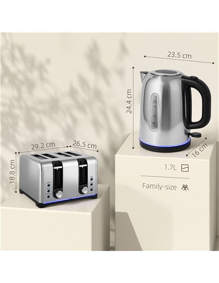 HOMCOM Kettle and Toaster Set, 1.7L 3000W Rapid Boil Jug Kettle with Otter Thermostat, Limescale Filter, 4 Slice Toaster with 7 