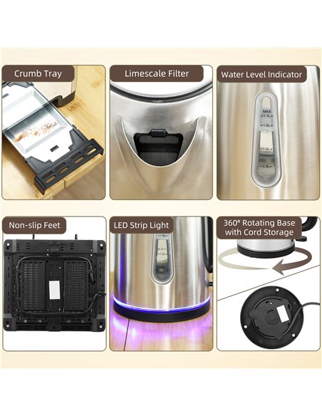 HOMCOM Kettle and Toaster Set, 1.7L 3000W Rapid Boil Jug Kettle with Otter Thermostat, Limescale Filter, 4 Slice Toaster with 7 