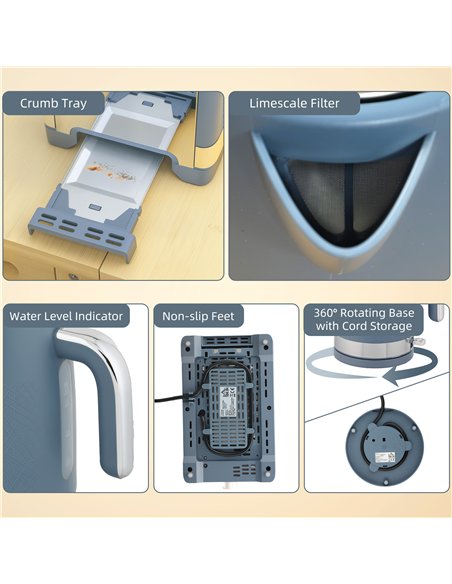 HOMCOM Sleek Textured Kettle and Toaster Set - Blue