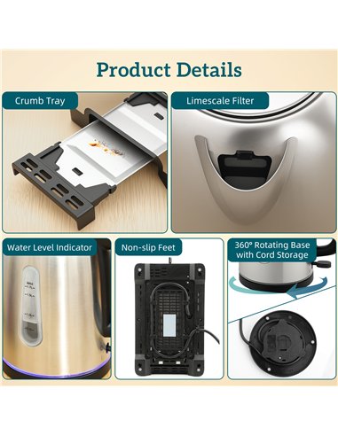 HOMCOM Simple Polished Toaster and Kettle Set - Silver Tone