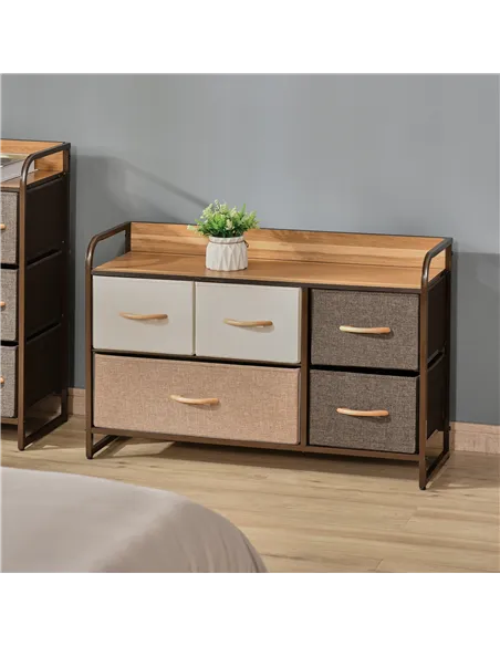 HOMCOM 5-Drawer Dresser, Linen Fabric Chest of Drawers, Dresser Tower Unit for Bedroom Hallway Entryway, Storage Organizer with 