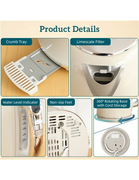 HOMCOM Polished Retro 40-100°C Kettle and Toaster Set - Cream