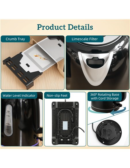 HOMCOM Simple Polished Toaster and Kettle Set - Black