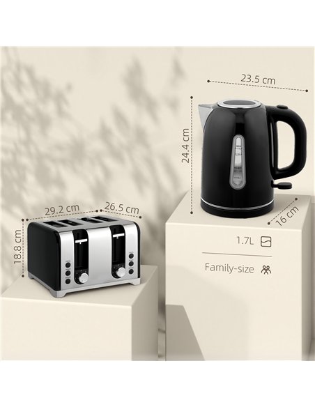 HOMCOM Kettle and Toaster Set, 1.7L 3000W Rapid Boil Jug Kettle with Otter Thermostat, Limescale Filter, 4 Slice Toaster with 7 