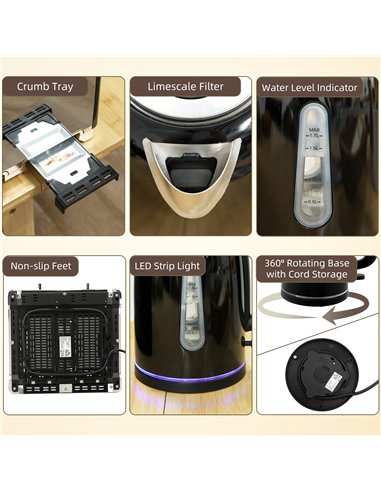 HOMCOM Kettle and Toaster Set, 1.7L 3000W Rapid Boil Jug Kettle with Otter Thermostat, Limescale Filter, 4 Slice Toaster with 7 