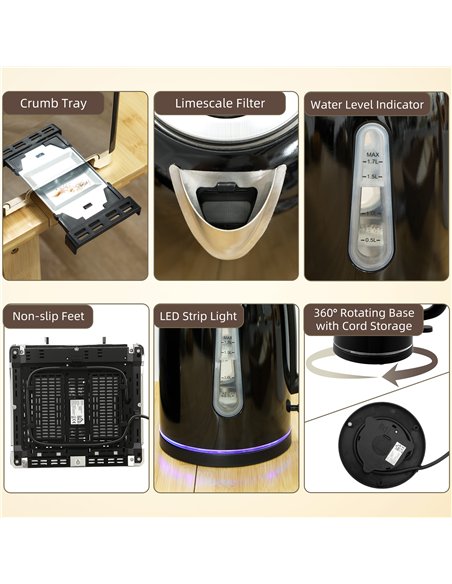 HOMCOM Kettle and Toaster Set, 1.7L 3000W Rapid Boil Jug Kettle with Otter Thermostat, Limescale Filter, 4 Slice Toaster with 7 