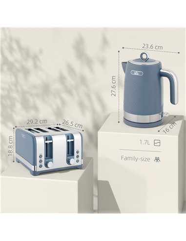 HOMCOM Sleek Textured Kettle and Four-Slice Toaster Set - Blue