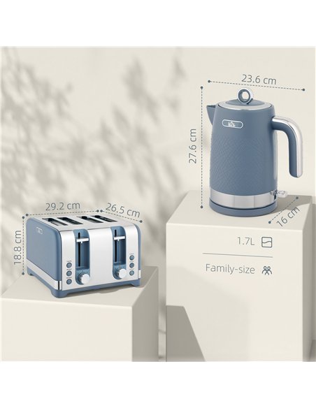 HOMCOM Sleek Textured Kettle and Four-Slice Toaster Set - Blue