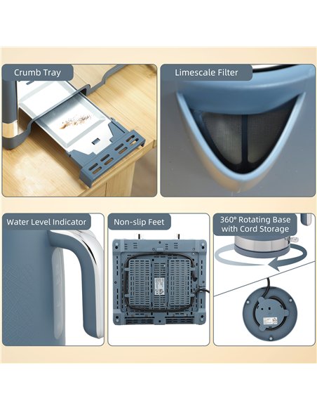 HOMCOM Sleek Textured Kettle and Four-Slice Toaster Set - Blue