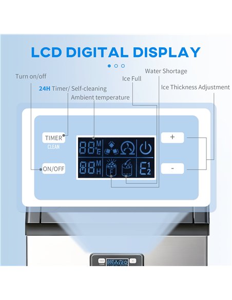 HOMCOM Commercial Ice Maker Machine, Freestanding Stainless Steel Ice Machine with Self-Cleaning, LCD Display, 45kg/24 Hours and