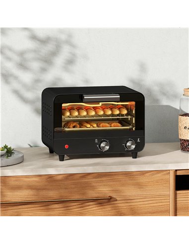 HOMCOM Small Toaster Oven, 12L Multifunction Mini Countertop Oven with Glass Door, Adjustable Temperature and Timer, Black