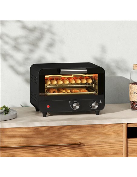 HOMCOM Small Toaster Oven, 12L Multifunction Mini Countertop Oven with Glass Door, Adjustable Temperature and Timer, Black