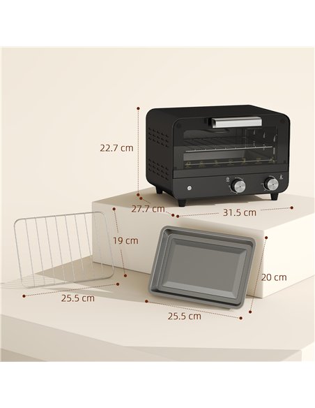 HOMCOM Small Toaster Oven, 12L Multifunction Mini Countertop Oven with Glass Door, Adjustable Temperature and Timer, Black