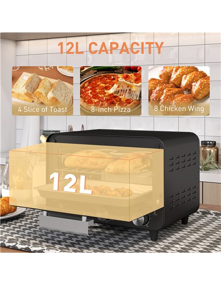 HOMCOM Small Toaster Oven, 12L Multifunction Mini Countertop Oven with Glass Door, Adjustable Temperature and Timer, Black