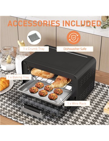 HOMCOM Small Toaster Oven, 12L Multifunction Mini Countertop Oven with Glass Door, Adjustable Temperature and Timer, Black