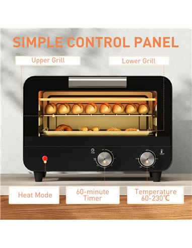 HOMCOM Small Toaster Oven, 12L Multifunction Mini Countertop Oven with Glass Door, Adjustable Temperature and Timer, Black