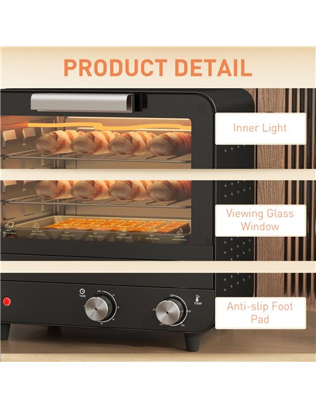 HOMCOM Small Toaster Oven, 12L Multifunction Mini Countertop Oven with Glass Door, Adjustable Temperature and Timer, Black
