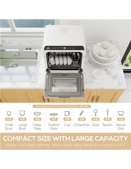 HOMCOM 6L Five-Mode Tabletop Dishwasher - White