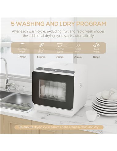 HOMCOM 6L Five-Mode Tabletop Dishwasher - White