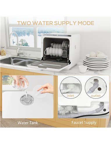 HOMCOM 6L Five-Mode Tabletop Dishwasher - White