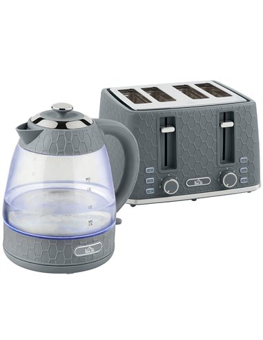 HOMCOM Kettle and Toaster Set, 1.7L 3000W Rapid Kettle with Strix Thermostat, 4 Slice Toaster with 7 Browning Controls, Grey
