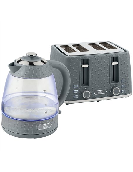 HOMCOM Kettle and Toaster Set, 1.7L 3000W Rapid Kettle with Strix Thermostat, 4 Slice Toaster with 7 Browning Controls, Grey