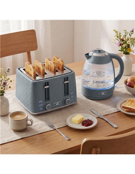 HOMCOM Kettle and Toaster Set, 1.7L 3000W Rapid Kettle with Strix Thermostat, 4 Slice Toaster with 7 Browning Controls, Grey