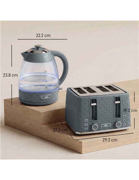 HOMCOM Kettle and Toaster Set, 1.7L 3000W Rapid Kettle with Strix Thermostat, 4 Slice Toaster with 7 Browning Controls, Grey