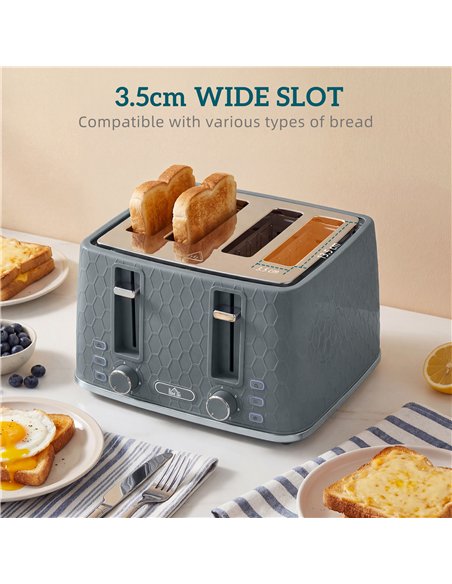 HOMCOM Kettle and Toaster Set, 1.7L 3000W Rapid Kettle with Strix Thermostat, 4 Slice Toaster with 7 Browning Controls, Grey