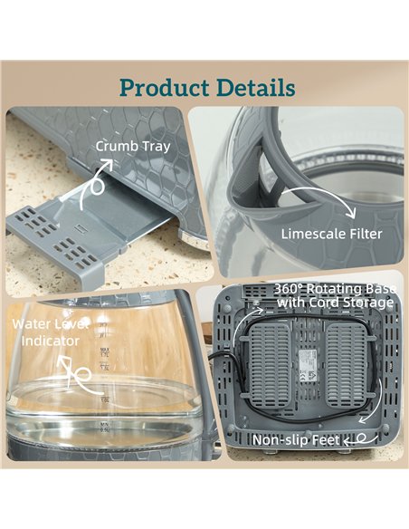 HOMCOM Kettle and Toaster Set, 1.7L 3000W Rapid Kettle with Strix Thermostat, 4 Slice Toaster with 7 Browning Controls, Grey