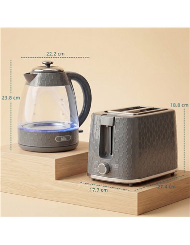HOMCOM Kettle and Toaster Set, 1.7L 3000W Rapid Kettle with Limescale Filter, 2 Slice Toaster with 7 Browning Controls, Grey