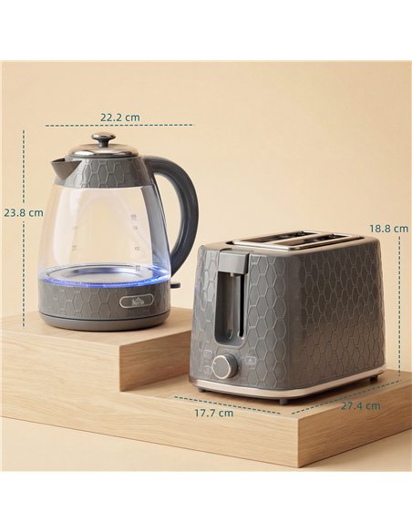 HOMCOM Kettle and Toaster Set, 1.7L 3000W Rapid Kettle with Limescale Filter, 2 Slice Toaster with 7 Browning Controls, Grey