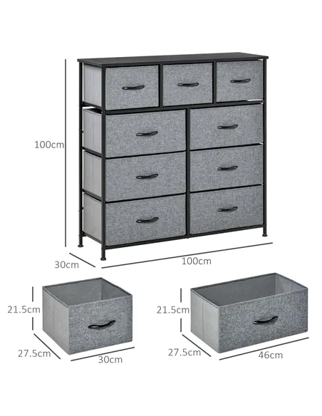 HOMCOM Nine Drawer Fabric Dresser - Grey