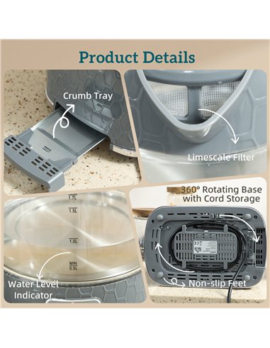 HOMCOM Kettle and Toaster Set, 1.7L 3000W Rapid Kettle with Limescale Filter, 2 Slice Toaster with 7 Browning Controls, Grey