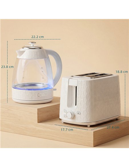 HOMCOM Kettle and Toaster Set, 1.7L 3000W Rapid Kettle with Limescale Filter, 2 Slice Toaster with 7 Browning Controls, Cream