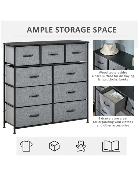 HOMCOM Nine Drawer Fabric Dresser - Grey