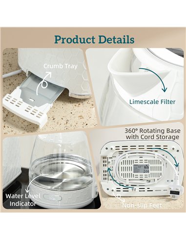HOMCOM Kettle and Toaster Set, 1.7L 3000W Rapid Kettle with Limescale Filter, 2 Slice Toaster with 7 Browning Controls, Cream