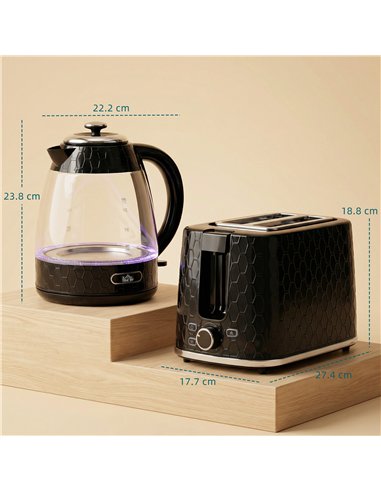 HOMCOM Kettle and Toaster Set, 1.7L 3000W Rapid Kettle with Limescale Filter, 2 Slice Toaster with 7 Browning Controls, Black