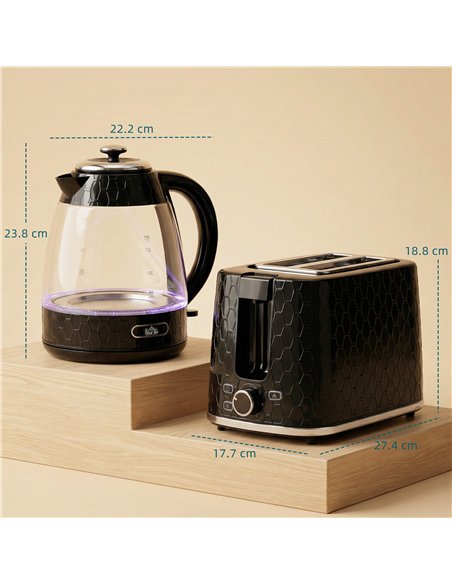 HOMCOM Kettle and Toaster Set, 1.7L 3000W Rapid Kettle with Limescale Filter, 2 Slice Toaster with 7 Browning Controls, Black