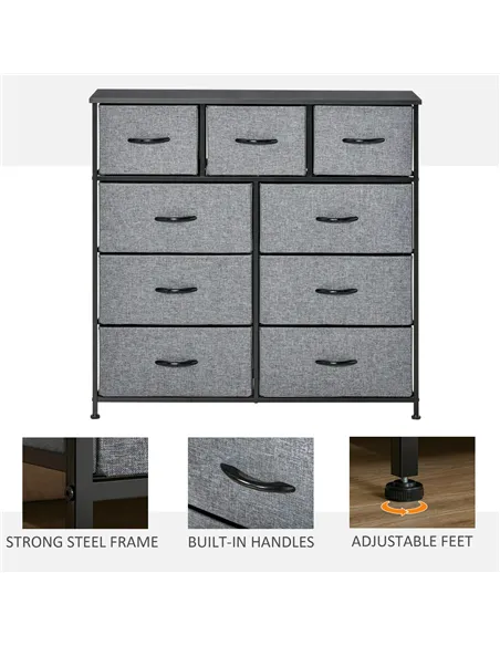 HOMCOM Nine Drawer Fabric Dresser - Grey