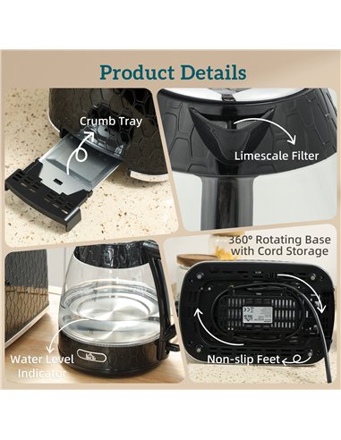 HOMCOM Kettle and Toaster Set, 1.7L 3000W Rapid Kettle with Limescale Filter, 2 Slice Toaster with 7 Browning Controls, Black