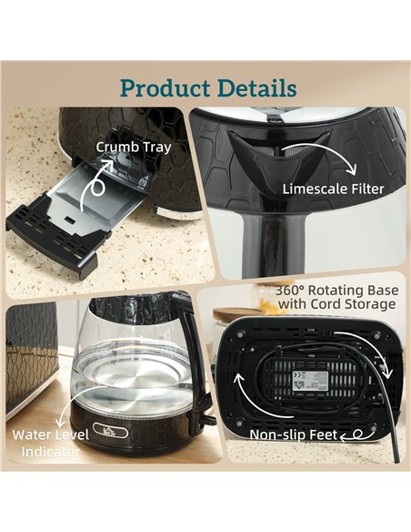 HOMCOM Kettle and Toaster Set, 1.7L 3000W Rapid Kettle with Limescale Filter, 2 Slice Toaster with 7 Browning Controls, Black