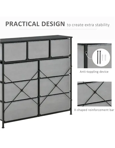 HOMCOM Nine Drawer Fabric Dresser - Grey