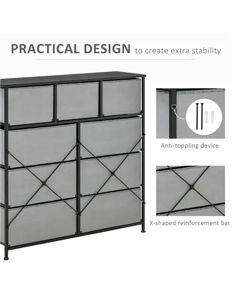 HOMCOM Nine Drawer Fabric Dresser - Grey