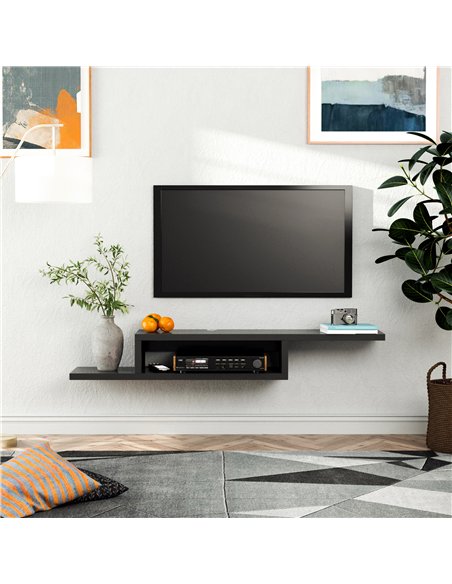 HOMCOM Floating TV Unit, Wall Mounted TV Stand with Open Shelf and 2 Cable Holes, Entertainment Unit for Living Room, Black