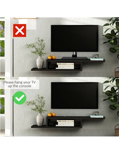 HOMCOM Floating TV Unit, Wall Mounted TV Stand with Open Shelf and 2 Cable Holes, Entertainment Unit for Living Room, Black